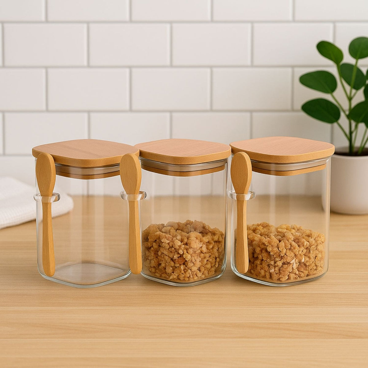 Set 3 Frascos Contenedores 700mL 12cm Cuadrado Cuchara Bambú