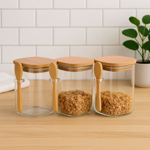 Set 3 Frascos Contenedores 700mL 12cm Cuadrado Cuchara Bambú