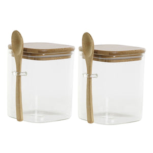 Set 2 Frasco Contenedor 900mL 10cm Cuadrado Cuchara Bambú