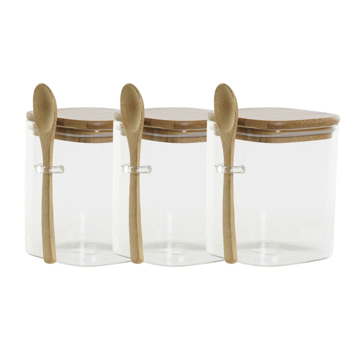 Set 3 Frasco Contenedor 900mL 10cm Cuadrado Cuchara Bambú