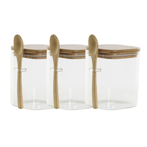Set 3 Frasco Contenedor 900mL 10cm Cuadrado Cuchara Bambú