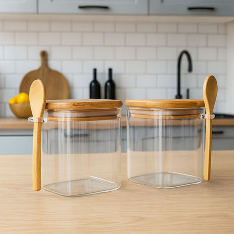 Set 2 Frasco Contenedor 1100mL 12cm Cuadrado Cuchara Bambú