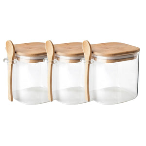 Set 3 Frasco Contenedor 1100mL 12cm Cuadrado Cuchara Bambú