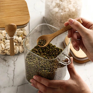 Set 3 Frasco Contenedor 1100mL 12cm Cuadrado Cuchara Bambú