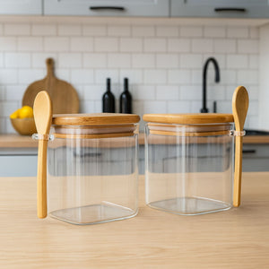 Set 3 Frasco Contenedor 1100mL 12cm Cuadrado Cuchara Bambú