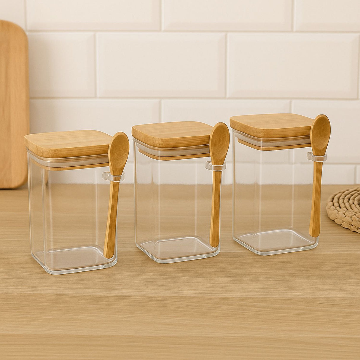 Set 3 Frasco Contenedor 1100mL 12cm Cuadrado Cuchara Bambú
