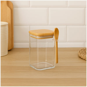 Frasco Contenedor Vidrio 1400mL 15cm Cuadrado Cuchara Bambú