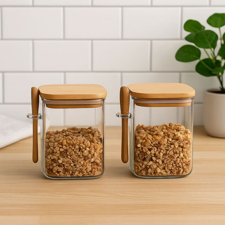 Set 2 Frasco Contenedor 1400mL 15cm Cuadrado Cuchara Bambú