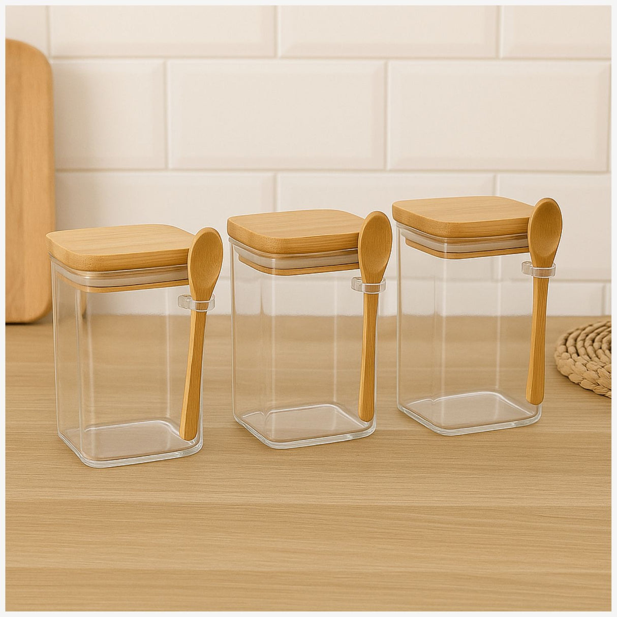 Set 3 Frasco Contenedor 1400mL 15cm Cuadrado Cuchara Bambú