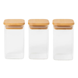 Set 3 Frasco Hermetico Cuadrado 400mL Vidrio 12cm Tapa Bambú