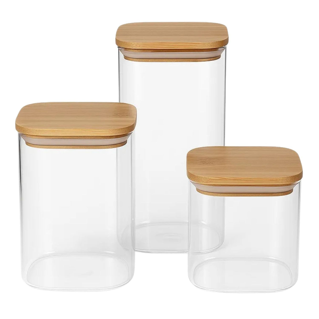 Set 3 Frascos Tarro Hermetico Cuadrado Vidrio Tapa Bambú