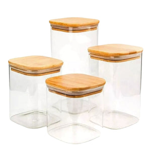 Set 4 Frascos Tarro Hermetico Cuadrado Vidrio Tapa Bambú