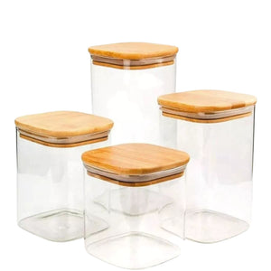 Set 4 Frascos Tarro Contenedor Hermetico Vidrio Tapa Bambú