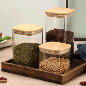 Set 4 Frascos Tarro Contenedor Hermetico Vidrio Tapa Bambú