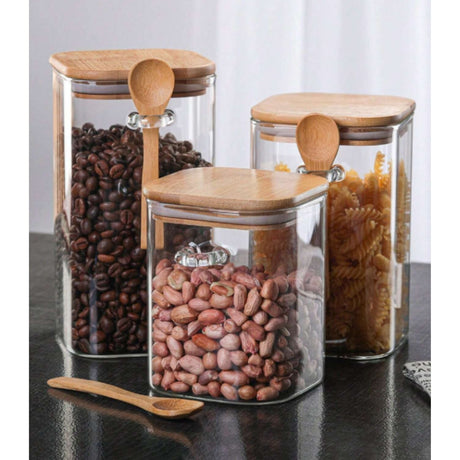 Set 3 Frascos Hermeticos Cuadrado Vidrio Con Cuchara Bambú