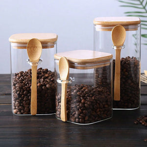 Set 3 Frascos Hermeticos Cuadrado Vidrio Con Cuchara Bambú