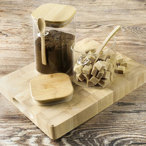 Set 3 Frascos Tarros Cuadrado Vidrio Con Cuchara Bambú