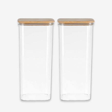Set 2 Frascos Herméticos 600mL Cuadrado Vidrio 18cm Tapa Bambú. Perfectos para conservar tus alimentos frescos y organizados. ¡Compra ahora y mejora tu cocina!-1