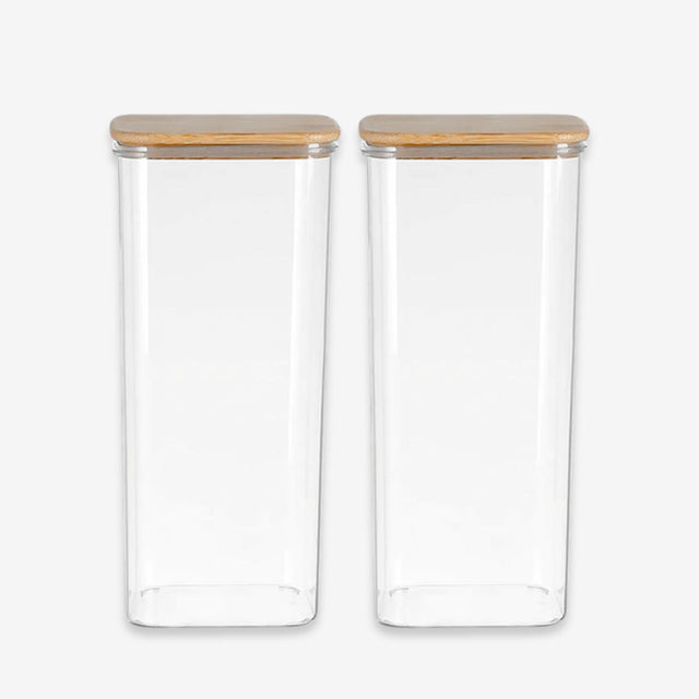 Set 2 Frascos Herméticos 600mL Cuadrado Vidrio 18cm Tapa Bambú. Perfectos para conservar tus alimentos frescos y organizados. ¡Compra ahora y mejora tu cocina!-1