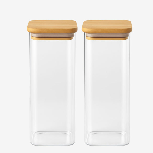 Set 2 Frascos Hermético 680mL Cuadrado Vidrio 20cm Tapa Bambú. Perfectos para conservar tus alimentos frescos y organizados. ¡Compra ahora y mejora tu cocina!-1