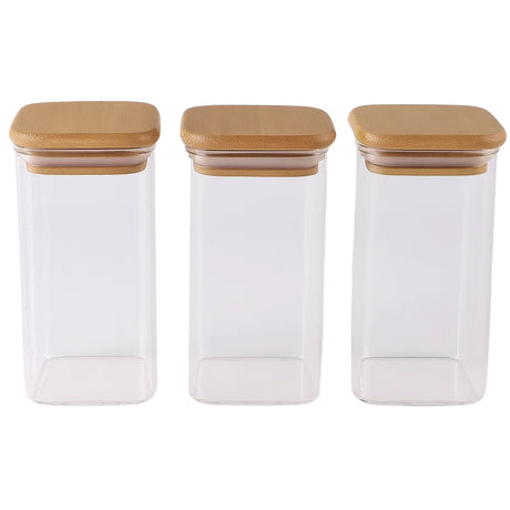 Set 3 Frasco Hermético 700mL Vidrio Cuadrado 12cm Bambú. Perfectos para conservar alimentos frescos y organizados. ¡Compra ahora y mejora tu cocina!-1