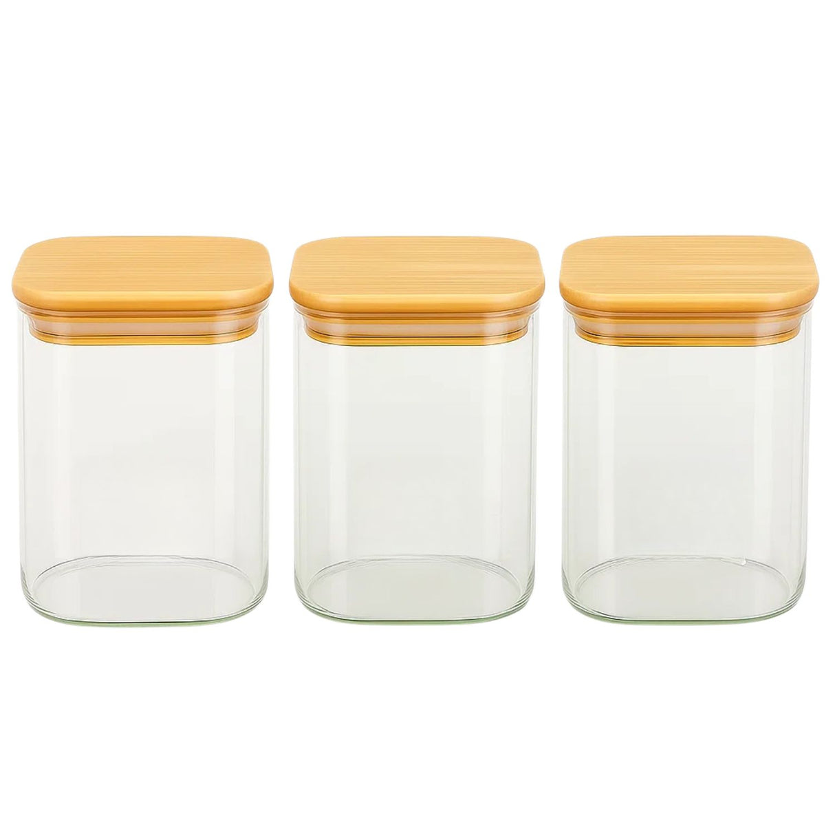 Set 3 Frascos Herméticos Cuadrado 900mL Vidrio 10cm Tapa Bambú. Perfectos para conservar tus alimentos frescos y organizados. ¡Compra ahora y optimiza tu cocina!-1