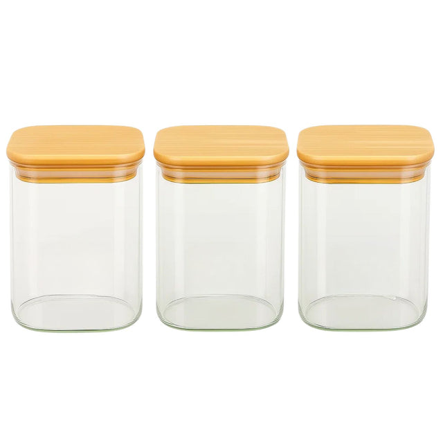 Set 3 Frascos Herméticos Cuadrado 900mL Vidrio 10cm Tapa Bambú. Perfectos para conservar tus alimentos frescos y organizados. ¡Compra ahora y optimiza tu cocina!-1