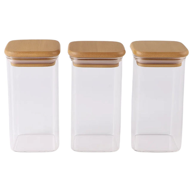Set 3 Frascos Hermeticos Cuadrado 1100mL Vidrio 12cm Tapa Bambú. Perfectos para conservar tus alimentos frescos. ¡Compra ahora y organiza tu cocina!-1