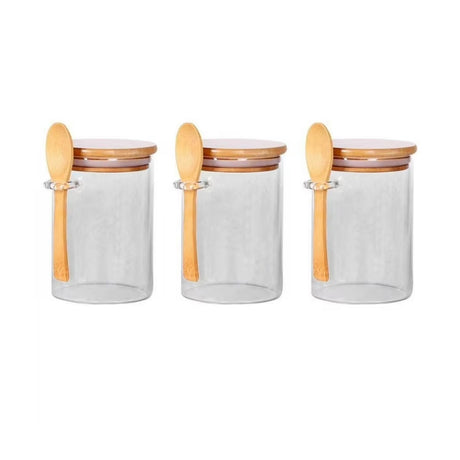 Set 3 Frascos Herméticos 10cm Redondo Cuchara Tapa Bambú. Perfectos para conservar tus alimentos frescos y organizados. ¡Compra ahora y optimiza tu cocina!-1