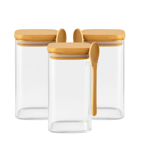 Set 3 Frascos Contenedores 900mL Vidrio 15cm Cuadrado Cuchara. Perfectos para organizar tu cocina con estilo. ¡Compra ahora y transforma tu espacio!-1