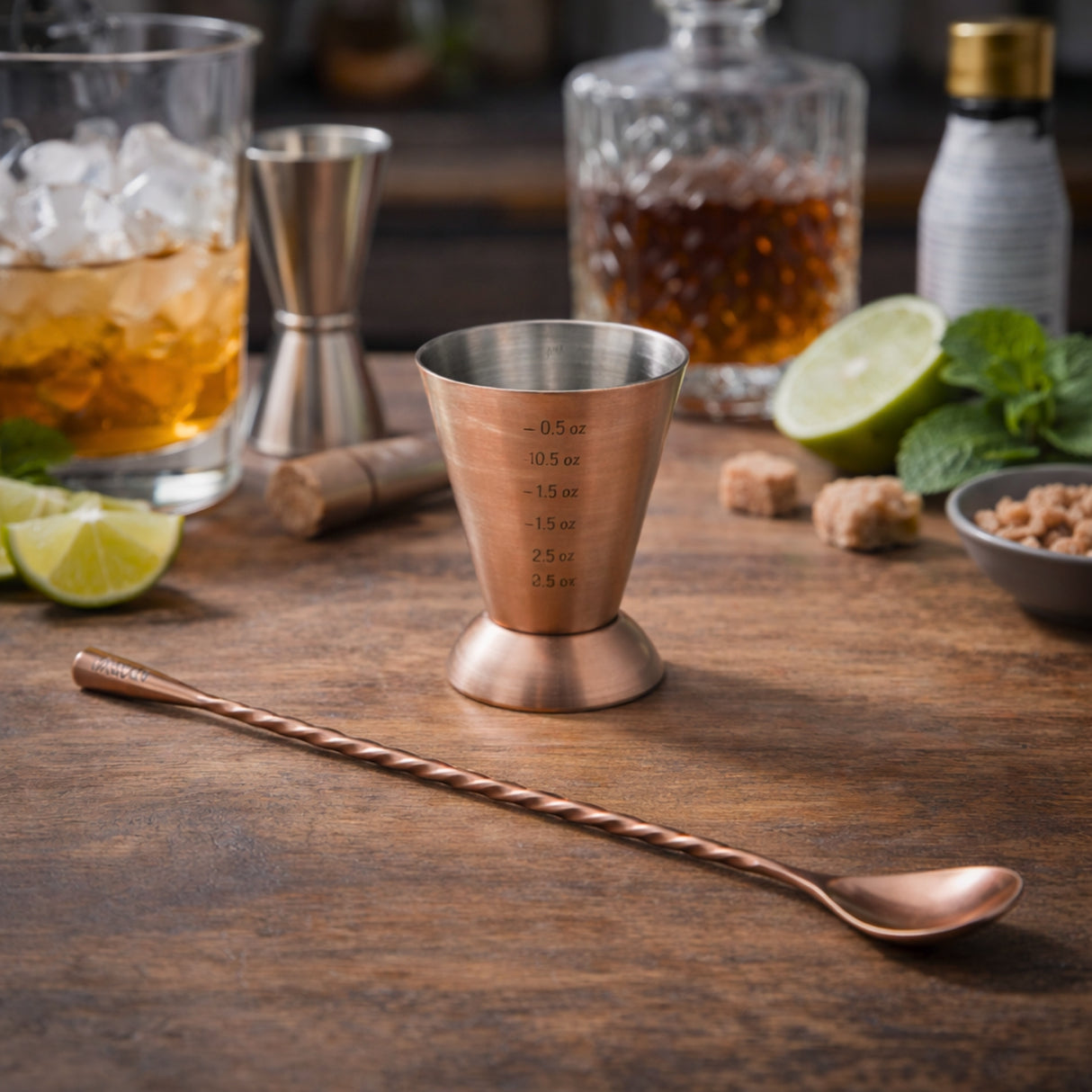 Set Medidor Jigger + Cuchara Bar Copper Wayu | Disparo.cl