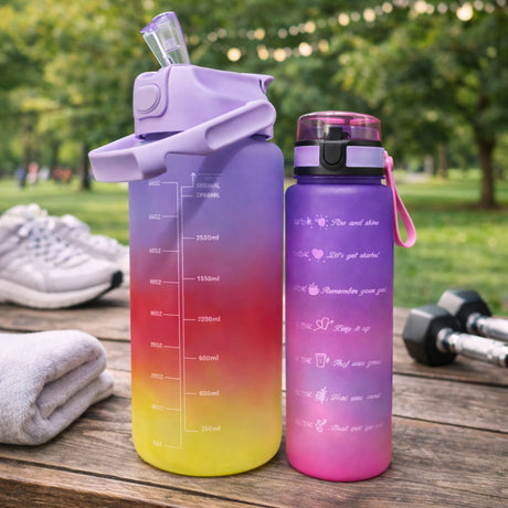 Set Botellas Deportivas Degradado Morado Rosa Amarillo 2000 mL + 900 mL