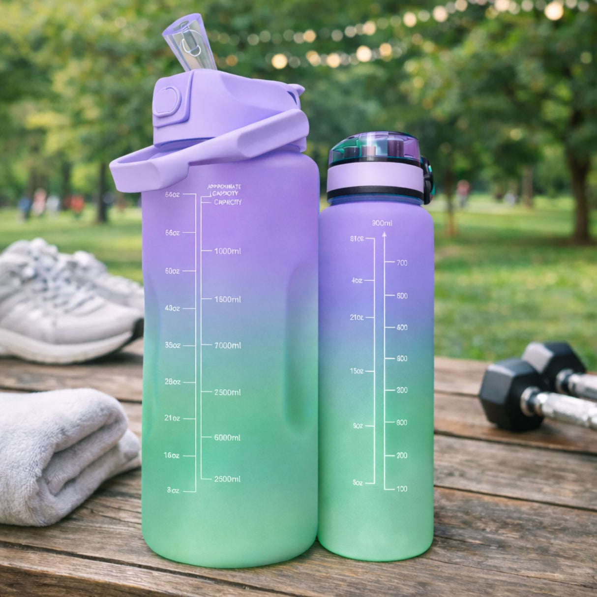 Set Botellas Deportivas Degradé Lila Verde 2000 mL + 900 mL