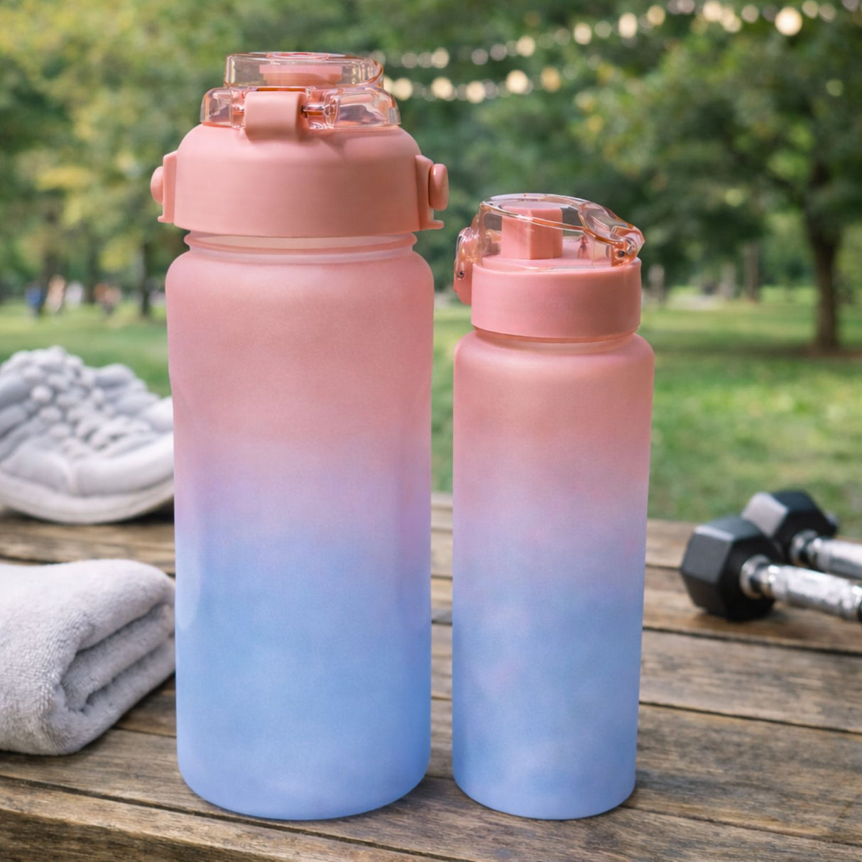 Set Botellas Deportivas Degradé Rosado Celeste 2000 mL + 900 mL