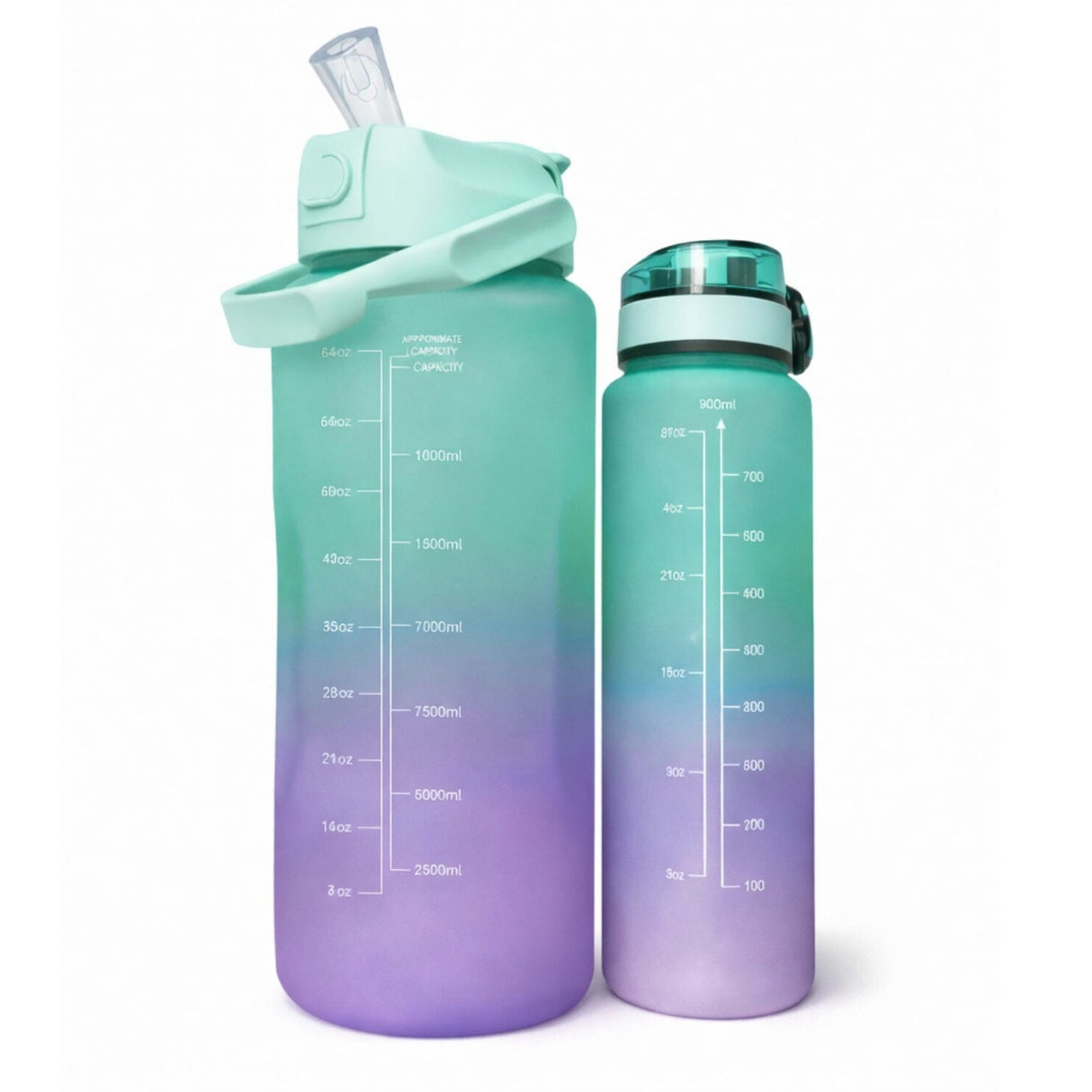 Set Botellas Deportivas Degrade Verde Morado 2000 mL + 900 mL | Disparo.cl