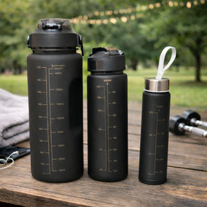 Set Botellas Deportivas Negras 2000 mL + 900 mL + 280 mL