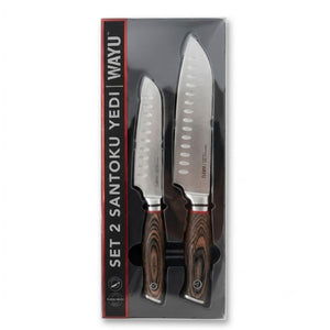 Set 2 Cuchillos Santoku Ring Red Wayu Cocina Precision caja Fondo blanco