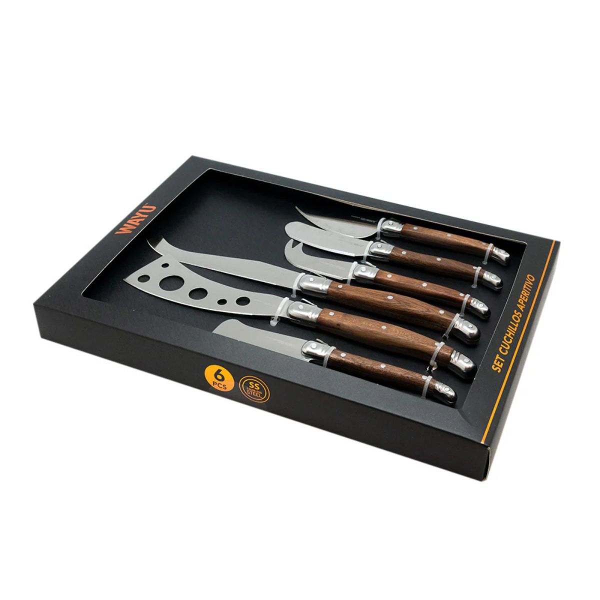 Set 6 Cuchillos Aperitivo Wayu en fondo blanco en caja costado | Disparo.cl