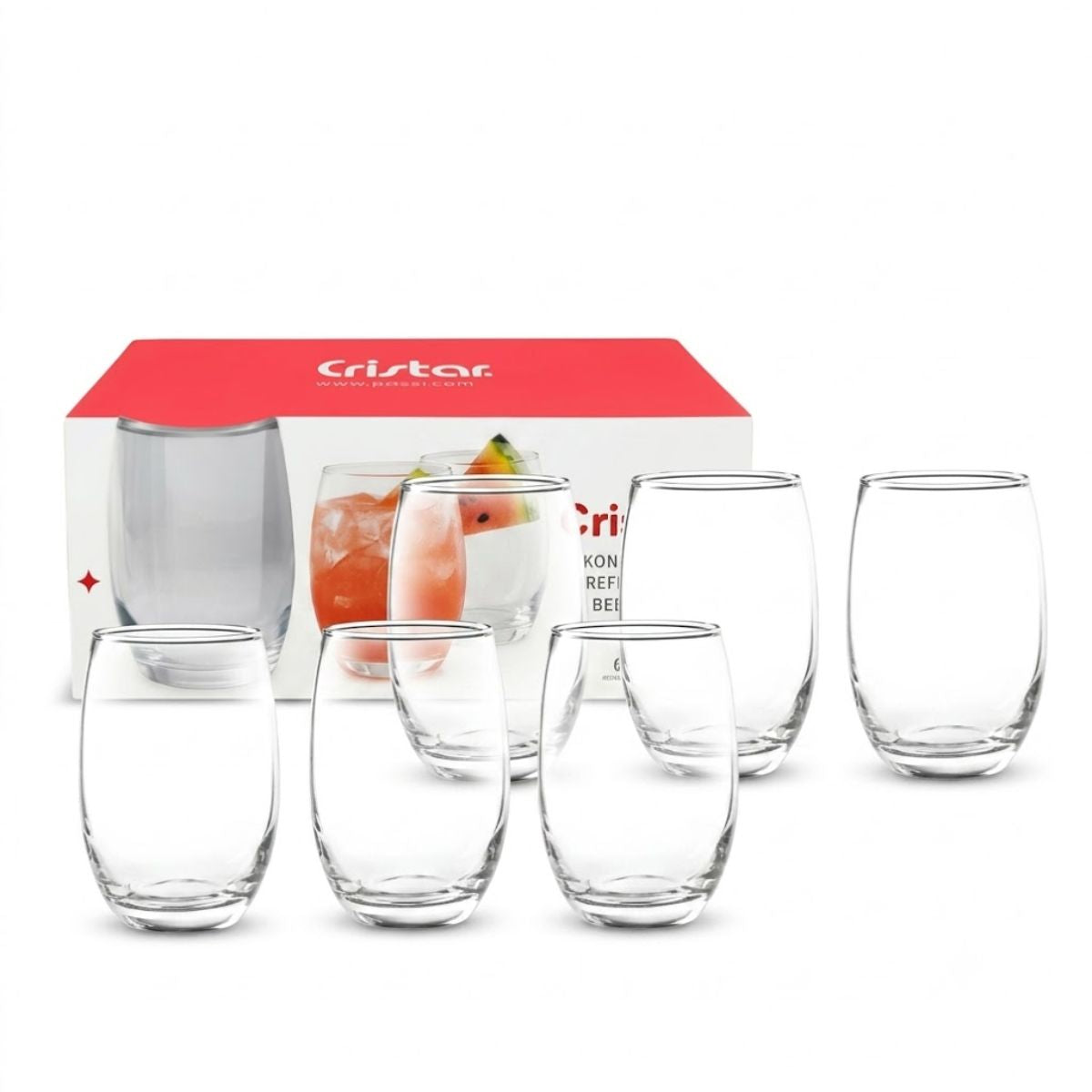 Set de 12 Vasos Mikonos de 460ml Cristar fondo blanco | Disparo.cl