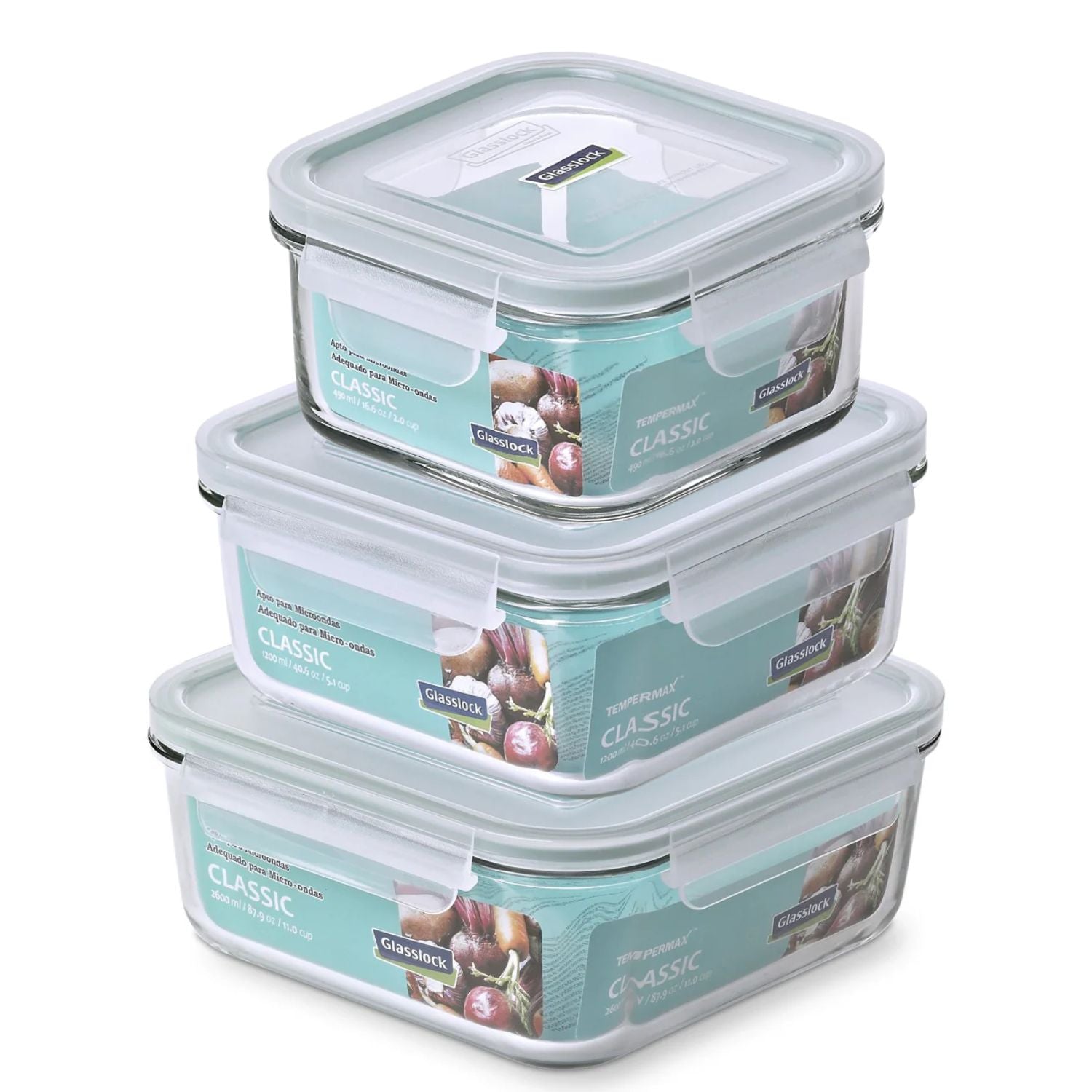 set de 3 contenedores cuadrados de vidrio  Glasslock hermeticos apilados