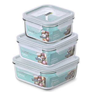 set de 3 contenedores cuadrados de vidrio  Glasslock hermeticos apilados