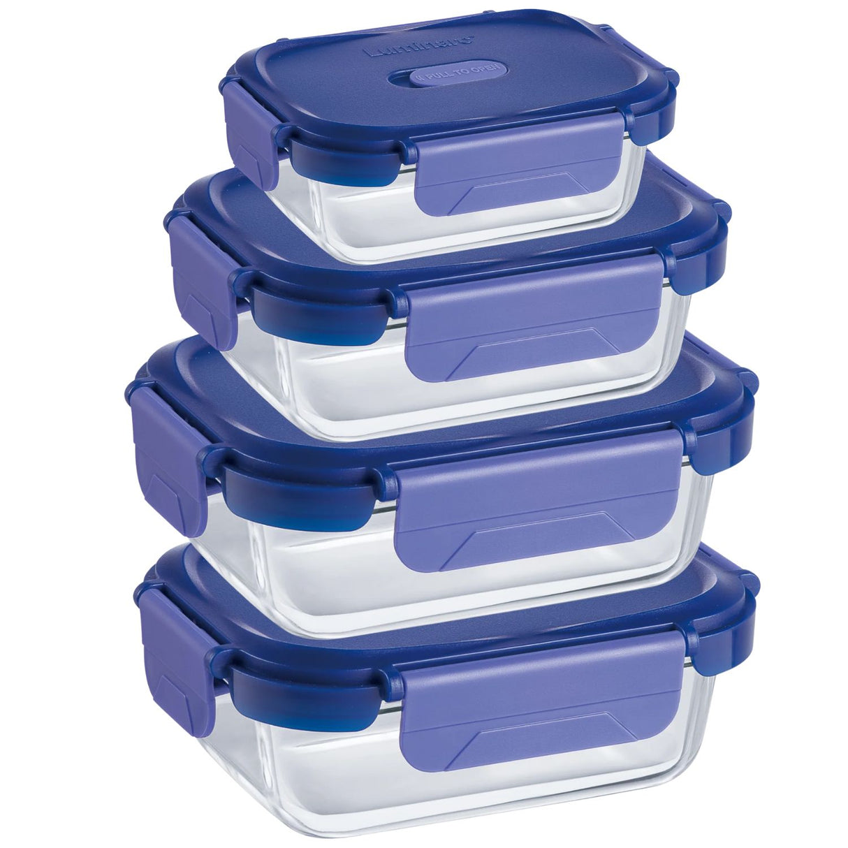 set de 4 contenedores de vidrio con tapa azul