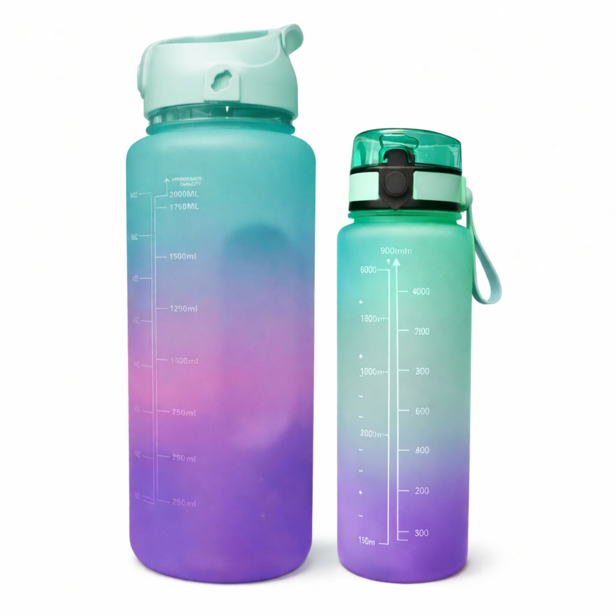 Set de Botellas Deportivas Degradado 2000 mL y 900 mL Morada Turquesa | Disparo.cl