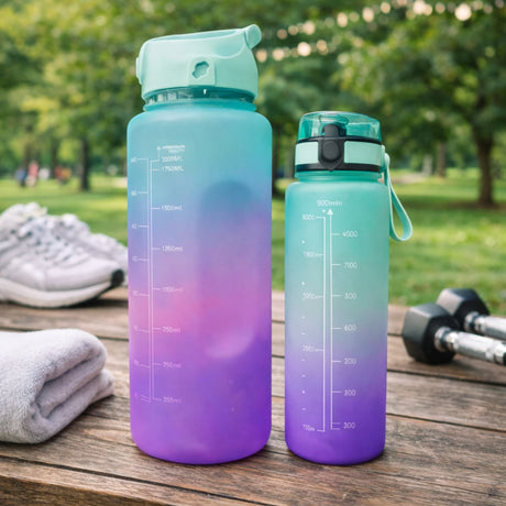 Set de Botellas Deportivas Plásticas con Bombilla 2000 mL y 900 mL Degradado