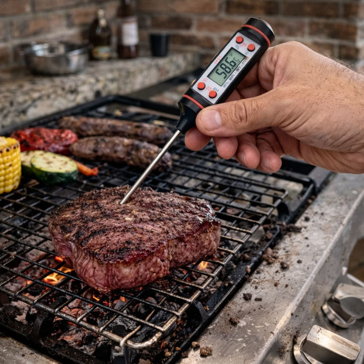 Termometro digital en parrilla midiendo temperatura de carne