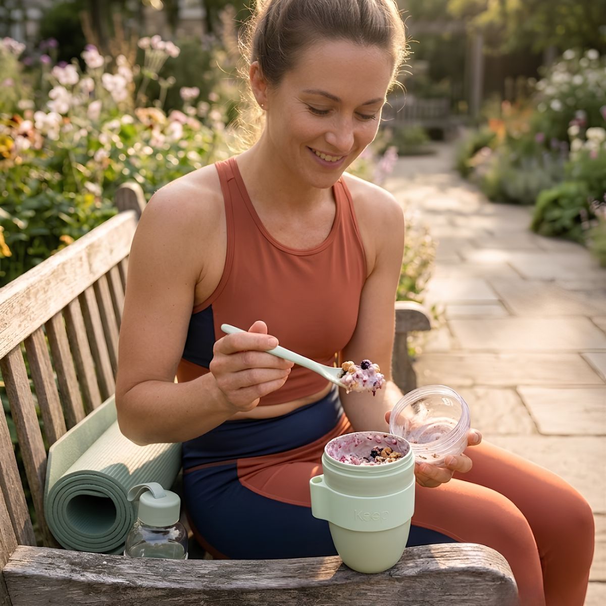 Vaso para Yogurt y Cereal Keep 330ml con Cuchara Verde menta lifestyle