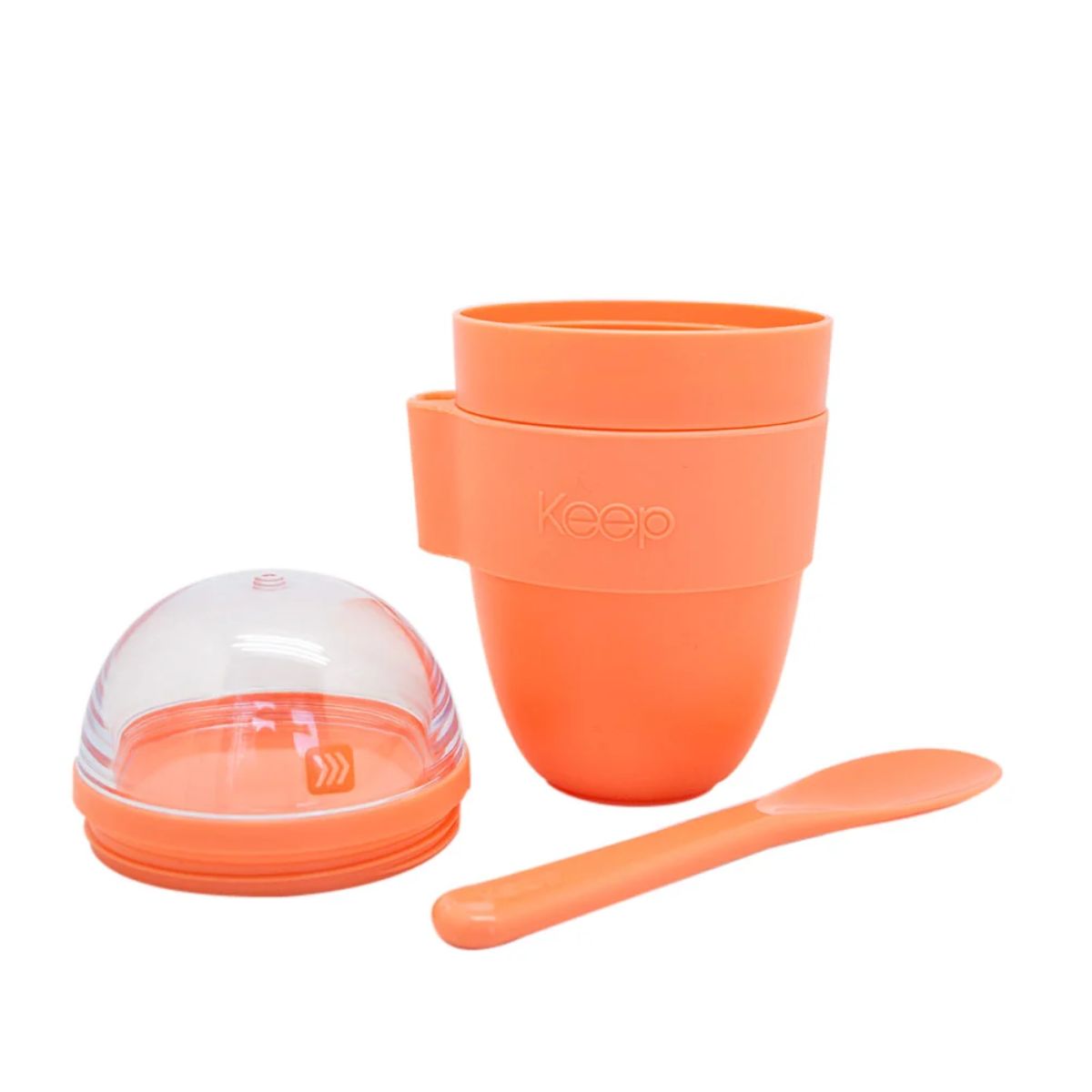 Vaso para Yogurt y Cereal Keep 330ml con Cuchara naranja 3 piezas fondo blanco