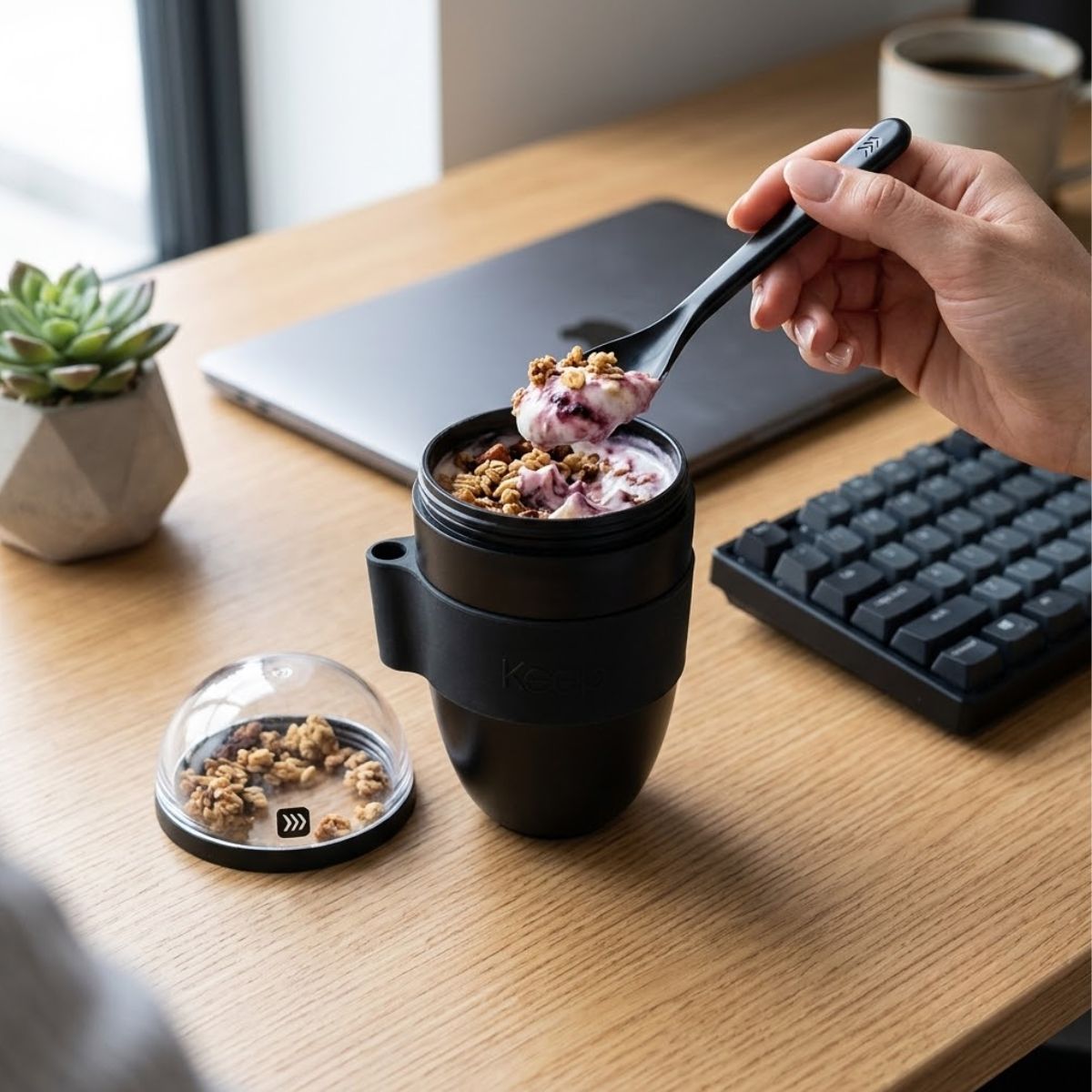 Vaso para Yogurt y Cereal Keep 330ml con Cuchara negro lifestyle