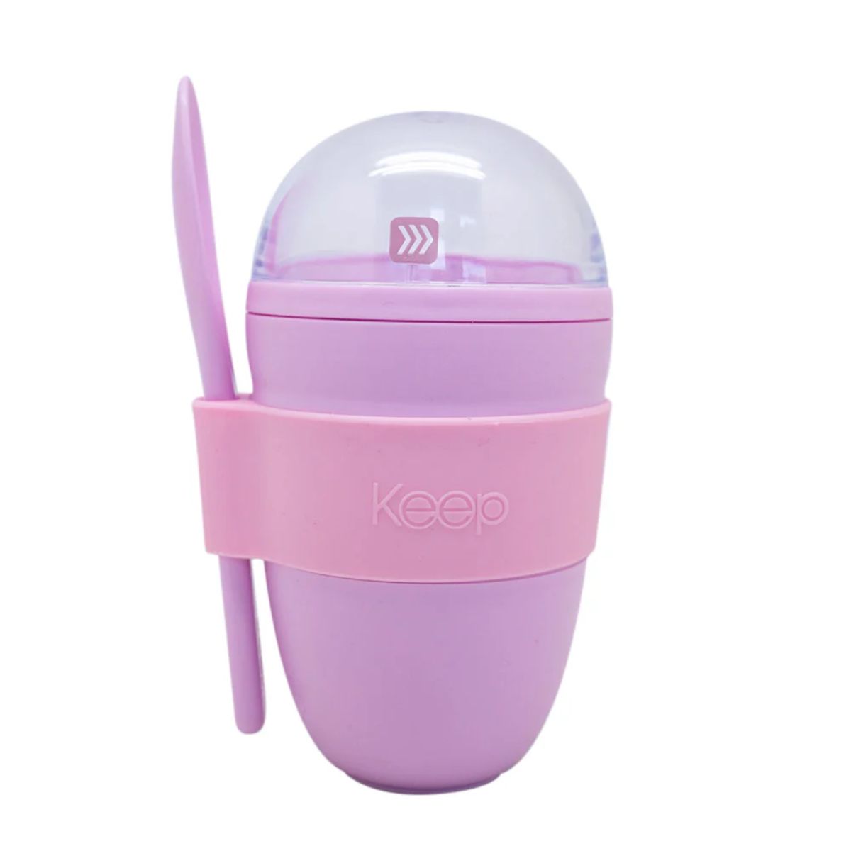 Vaso para Yogurt y Cereal Keep 330ml con Cuchara rosa fondo blanco