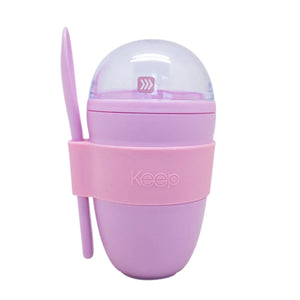 Vaso para Yogurt y Cereal Keep 330ml con Cuchara rosa fondo blanco